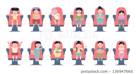 Children in cinema. Toddlers in 3d glasses sitting on movie theater chairs, eating popcorn and drinking soda. Kids watching tv, cartoon, show, recent vector characters Children in cinema. Toddlers in 3d glasses sitting on movie theater chairs, eating popcorn and drinking soda. Kids watching tv, cartoon, show, recent vector characters 136947668
