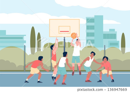 Outdoor basketball match. Male athletes workout, street game championship or tournament. Men team in uniform play with ball, recent vector scene 136947669