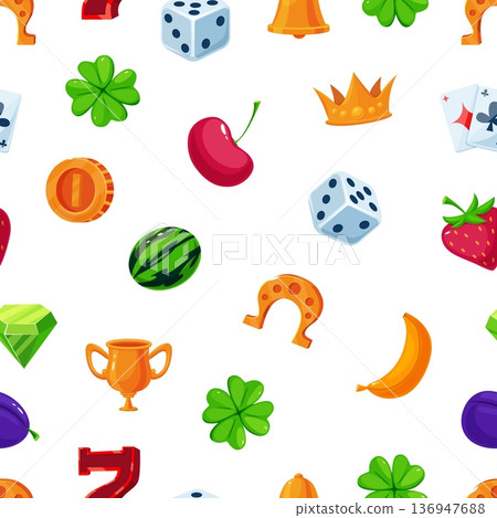 Gambling elements seamless pattern. Lucky cartoon icons, clover, diamond, coin and cherry. Lottery print template for fabric, textile, vector background 136947688