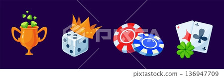 Cartoon gambling icons. Casino symbols, lucky clover, golden cup with diamonds, gaming chips, cube. Online gaming app elements, victory, win, vector clipart Cartoon gambling icons. Casino symbols, lucky clover, golden cup with diamonds, gaming chips, cube. Online gaming app elements, victory, win, vector clipart 136947709