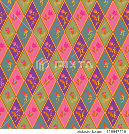 Colorful Folk Diamond Floral Pattern 136947716