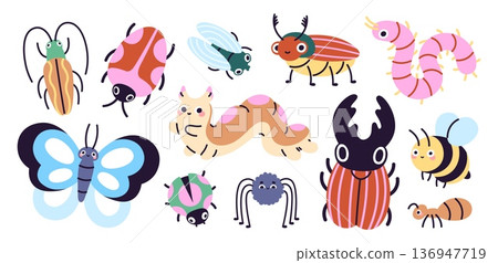 Doodle insects. Cartoon caterpillar, worm, beetle and butterfly. Funny spider and ant, fly and ladybug. Nature dwellers, lives in forest. Children mascots, racy vector set Doodle insects. Cartoon caterpillar, worm, beetle and butterfly. Funny spider and ant, fly and ladybug. Nature dwellers, lives in forest. Children mascots, racy vector set 136947719