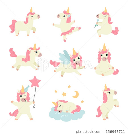 Funny unicorns. Unicorn various poses, cute cartoon magic pony stickers. Fantasy fairytale animal characters, adorable children mascots, classy vector set 136947721