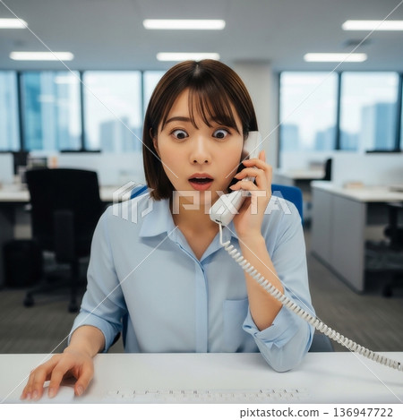 A young female employee is surprised while making a phone call in the office A young female employee is surprised while making a phone call in the office 136947722