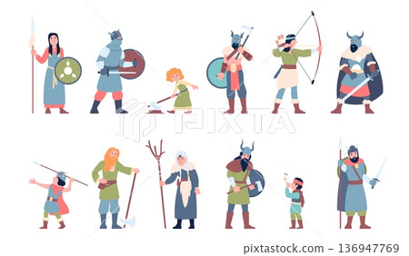 Vikings characters. Medieval men women and children wearing traditional warrior clothes. Scandinavian people, wear, armor, helmets, recent vector set 136947769