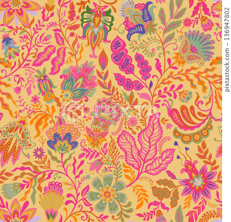 Muted Folk Botanical Stripe Pattern Muted Folk Botanical Stripe Pattern 136947802