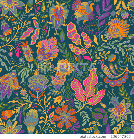 Warm Folk Botanical Stripe Pattern Warm Folk Botanical Stripe Pattern 136947803