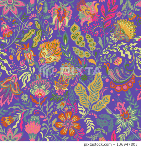 Vibrant Folk Garden Illustration Pattern Vibrant Folk Garden Illustration Pattern 136947805