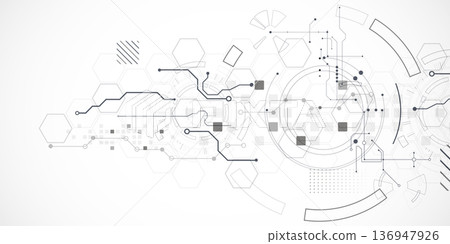 Technological background in gray colors. Used technical lines and a pattern of squares with different shades of gray. 136947926