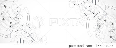 Technological background in gray colors. Used technical lines and a pattern of squares with different shades of gray. Technological background in gray colors. Used technical lines and a pattern of squares with different shades of gray. 136947927