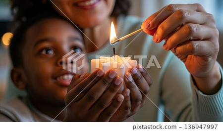 Mother lights star candle for son, candle glows warm, candle brings joy 136947997