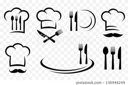 Cooking sign set, chef hat with fork, knife and spoon, cook mustache 136948249