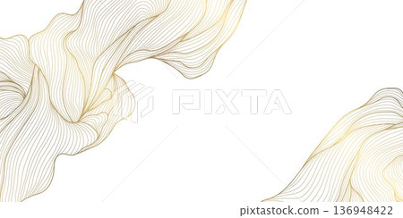 Elegant gold line pattern with abstract waves, delicate floral leaves on white. Luxury vector background illustration, Japanese ornament, art deco style, wedding card, wine label, premium packaging Elegant gold line pattern with abstract waves, delicate floral leaves on white. Luxury vector background illustration, Japanese ornament, art deco style, wedding card, wine label, premium packaging 136948422