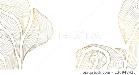 Elegant gold line pattern with abstract waves, delicate floral leaves on white. Luxury vector background illustration, Japanese ornament, art deco style, wedding card, wine label, premium packaging 136948423