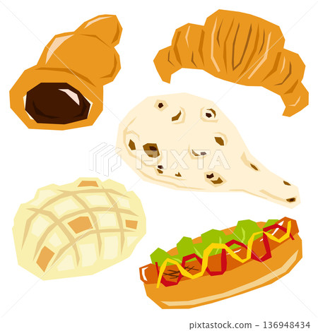 巧克力甜筒、羊角麵包、蜜瓜麵包、馕餅、熱狗麵包套裝向量圖 136948434