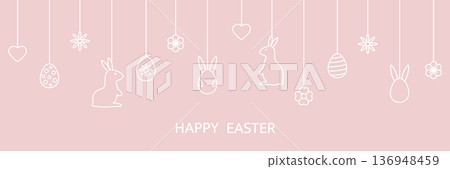 Happy Easter banner with hanging baubles. Holiday background with bunny, eggs, flowers, hearts line art icons. Happy spring pattern. Festive cartoon border. Greeting frame. Vector illustration 136948459