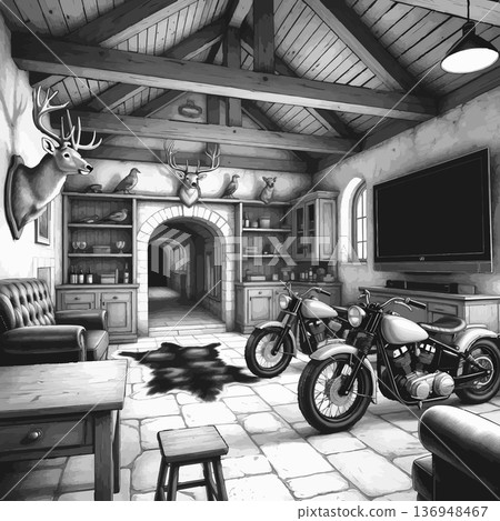 Rustic Garage Interior with Vintage Motorcycles 136948467