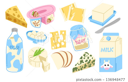 A Set of Dairy Vector Items: Mozzarella, Camembert, Blue Cheese, Cheddar, Milk 136948477