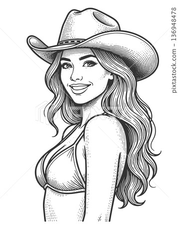 Smiling Cowgirl in Western Hat Portrait raster 136948478