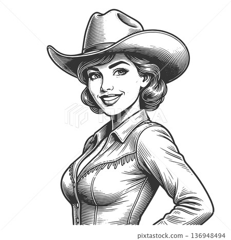 Smiling Cowgirl in Western Hat raster illustration 136948494