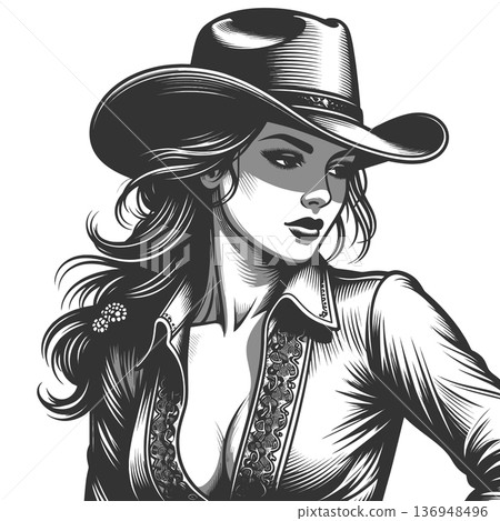 Cowgirl Portrait in Western Style engraving raster 136948496