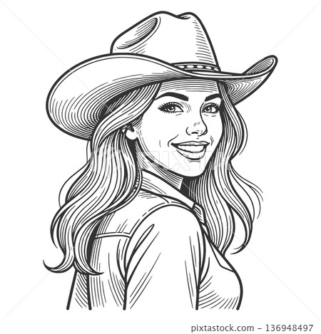 Smiling Cowgirl in Western Hat raster illustration Smiling Cowgirl in Western Hat raster illustration 136948497