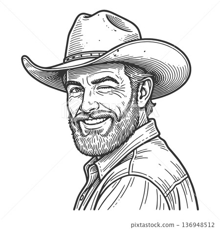Smiling bearded cowboy raster illustration 136948512