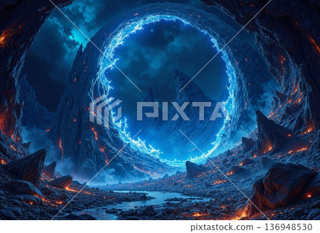 The image shows a fantastic landscape with a mystical glowing portal 136948530
