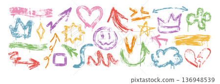 Hand drawn color rough arrows, brush graffiti crowns, stars and kids scribbles design elements 136948539
