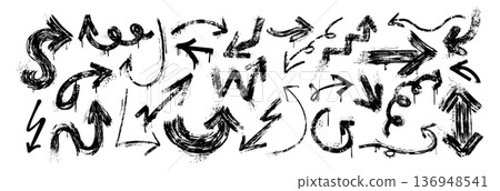 Hand drawn black rough and thin arrows different shapes, brush stroke graffiti pointer design elements 136948541