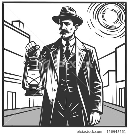 Victorian Gentleman Holding Lantern at Night 136948561