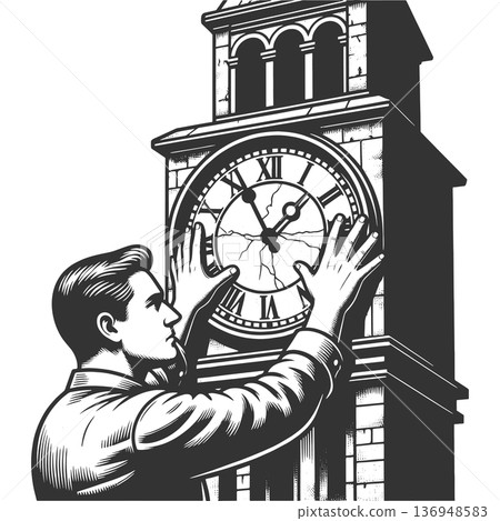 Man Repairing Cracked Clock Tower Face vector Man Repairing Cracked Clock Tower Face vector 136948583