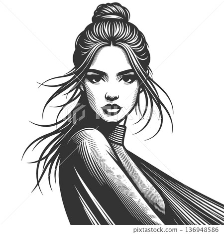 Modern Woman Portrait engraving sketch vector Modern Woman Portrait engraving sketch vector 136948586