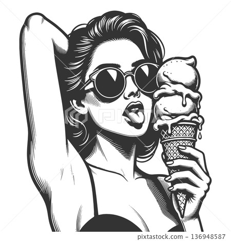 Girl in sunglasses licking melting ice cream 136948587