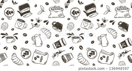 Coffee themed seamless pattern in doodle sketch style 136948597