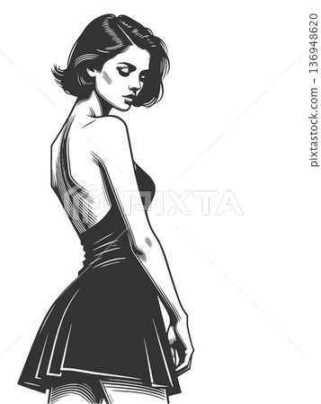 Woman in Backless Black Dress engraving vector Woman in Backless Black Dress engraving vector 136948620
