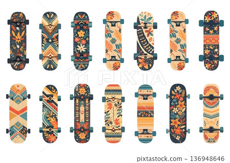 Set of stylish cartoon skateboards with various designs and patterns, street movement, urban culture, vector illustration 136948646