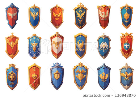 Set of cartoon shields with different coats of arms and emblems, different designs and shapes, medieval weapons, vector illustration 136948870