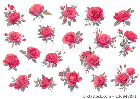 Set of cartoon rose flowers with open and closed red buds, botanical concept, natural decoration, popular flowers, holiday decorations, vector illustration 136948871