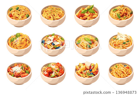 Set of cartoon plates with different pastas, Italian dish, macaroni with vegetables, meat and cheese, decorated with herbs and spices, vector illustration 136948873