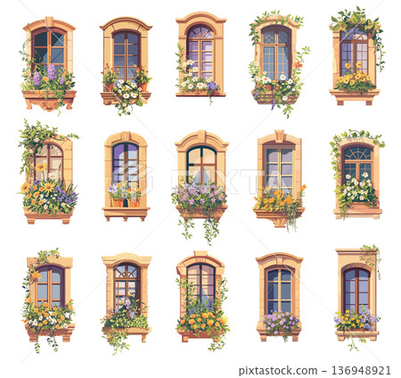 Set of cartoon old windows of various designs and shapes decorated with flowers and plants, home element, beautiful frames, apartment decoration, vector illustration 136948921