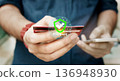 Online security payment concept. Man use smart phone and holding credit card with shopping online. 136948930