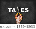 The man's hand holding scissors forms the letter x, creating the word "taxes". 136948933