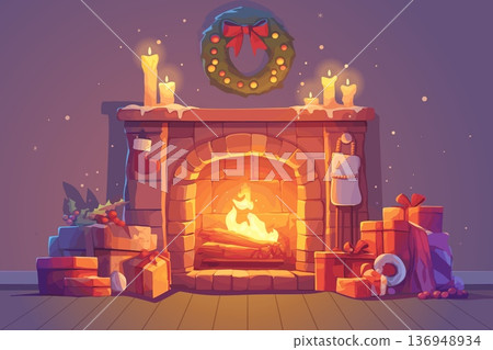 Christmas burning fireplace with gifts and candles. Winter holidays, New Year decorations. Seasonal vector illustration 136948934