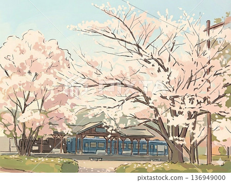 盛開的櫻花和一輛老式蒸汽機車 136949000