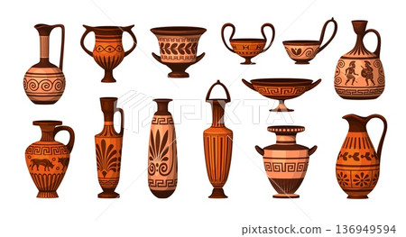 Ancient greek pots. Roman amphora greece pottery, antique vase vessel earthenware old pot museum archaeological clay bowl jar olive wine oil jug set qualitative vector illustration 136949594