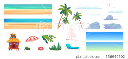 Beach landscape constructor. Island sea sand coast ocean palm tree rock plant hut ship lounger cloud sky resort view tropical nature travel design set isolated vector illustration Beach landscape constructor. Island sea sand coast ocean palm tree rock plant hut ship lounger cloud sky resort view tropical nature travel design set isolated vector illustration 136949602