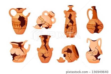 Broken pottery. Ancient cracked vase antique ceramic jug clay jar fragmented piece vessel amphora fragile urn crockery greek pot ruin archaeological qualitative vector illustration 136949640