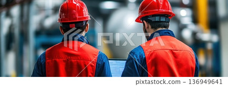 Two workers in safety gear analyze information on a laptop in an industrial environment 136949641