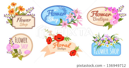 Flowers shop logo. Florist flower store logotypes set isolated icons, decorative badges floral frames boutique labels beauty vintage nature herbal design, neat vector illustration 136949712